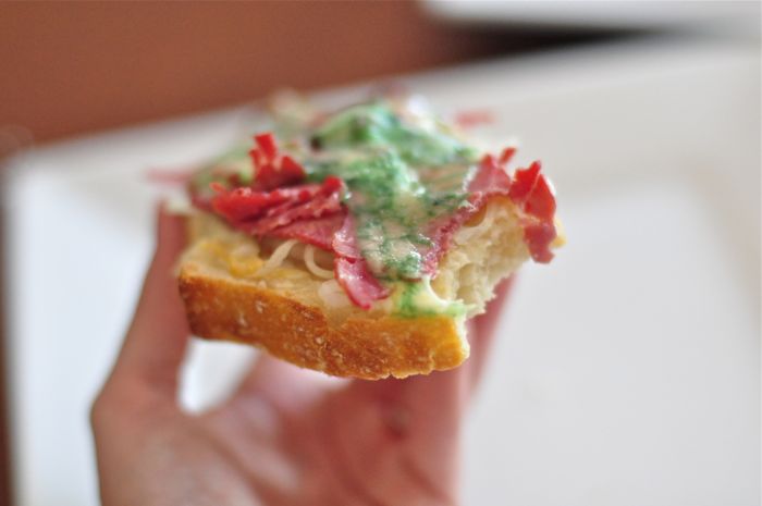 DSC_1093_web Open faced corned beef cheese sandwich with pickled onions