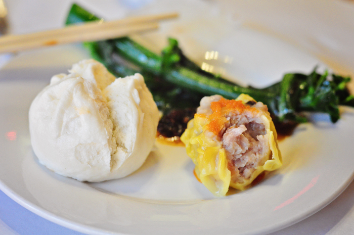 Barbecue pork bun, pork & shrimp dumpling, Chinese broccoli.